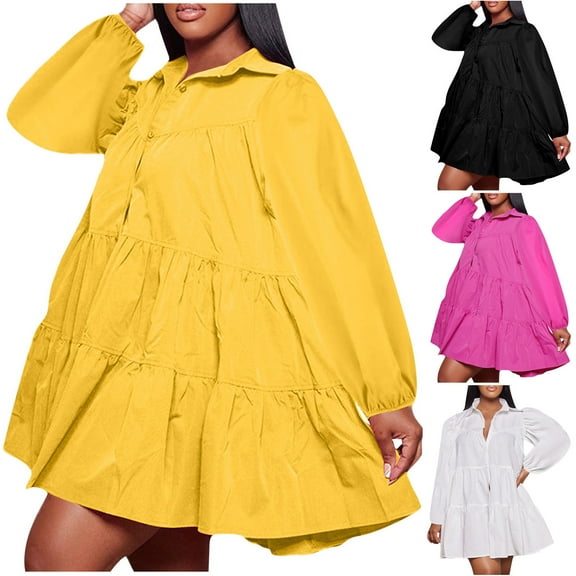 SMihono Fashion Women's 2025 Spring Cute Babydoll Ruffle Hem Puff Sleeve Dress Loose Plus Size Shirt Dresses Buttons Lapel Pleated Dress Black 12