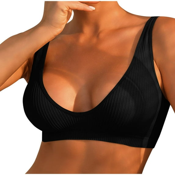 SMihono Fashion Women's Bralette Wireless Padded Bra Top Sexy Everyday Basic Deep U-Neck Work Out Bras Sports Gym Bras Black L