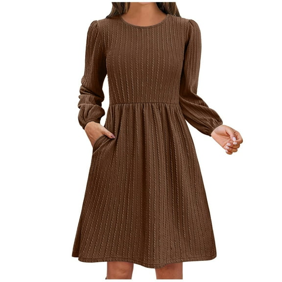 SMihono Fashion Women's Casual Knit Sweater Dress with Pockets Crew Neck Long Sleeve A-Line Dresses for Women 2025 Spring Dresses Brown 4
