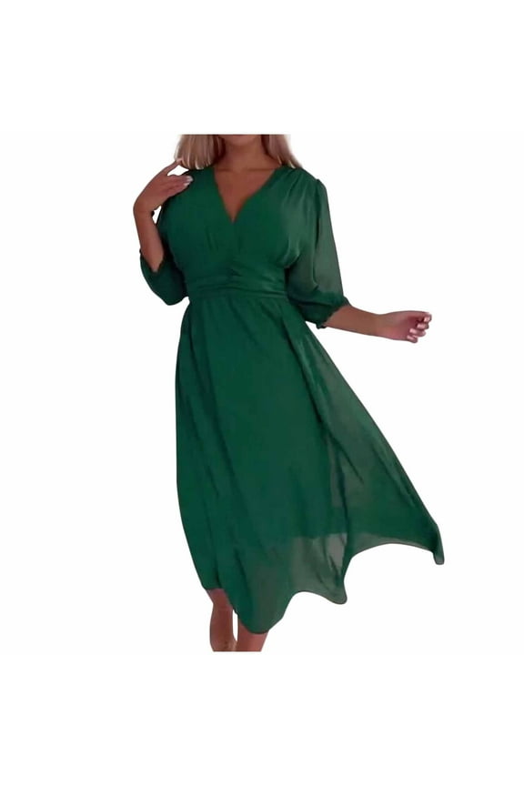Fashion Women's Chiffon V Neck Wrap 3/4 Sleeve Ruffle Hem Maxi Dress Flowy Wedding Guest Dress 2025 A-Line Swing Long Dress Green XXL