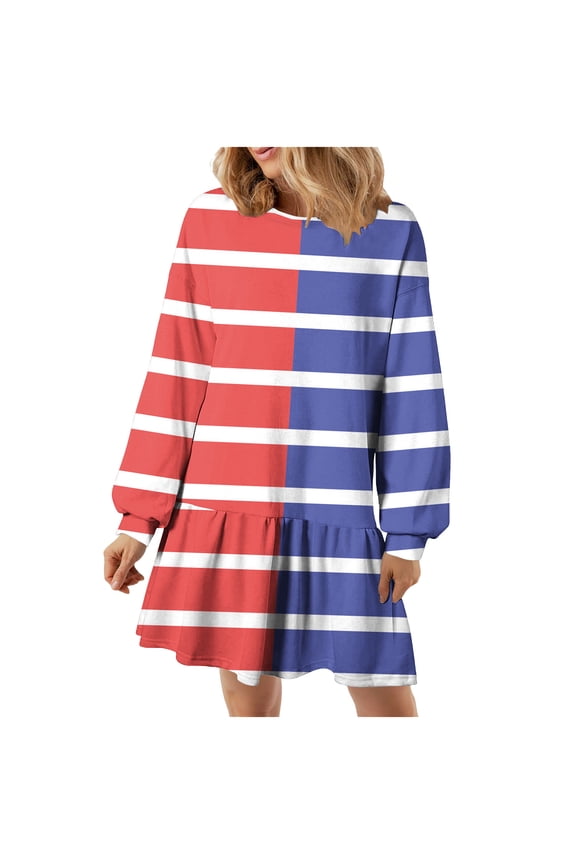 Fashion Women's Colorblock Striped Sweatshirt Dress Fall Long Sleeve Loose Flowy Swing Ruffle Hem Tunic Dresses Blue 4