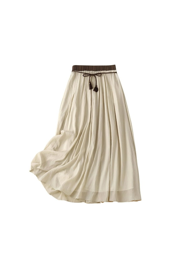 Fashion Women's Cotton Linen Skirts Drawstring High Waist Skirts Plain Layered A-Line Flared Flowy Midi Long Skirts Khaki 6