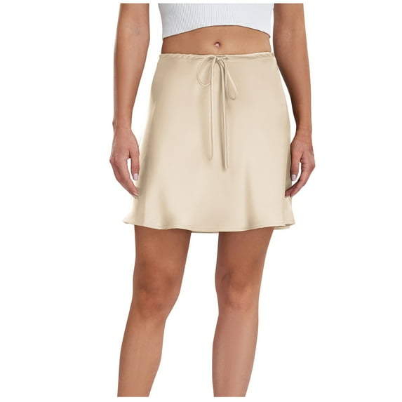 SMihono Deals Women's Drawstring Satin Mini Skirt High Waisted Elegant Casual A-Line Flared Silk Short Skirts for Women Beige 4