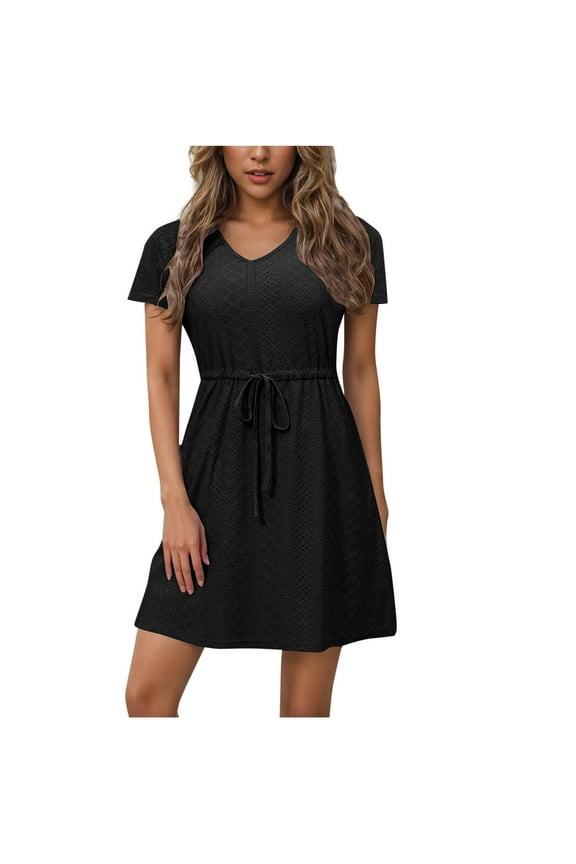 Fashion Women's Eyelet Sun Dresses Swimsuit Cover Ups V-Neck Drawstring Slit Eyelet Embroidery Bikini Beachwear Flowy Short Sleeve Beach Dress Black XL