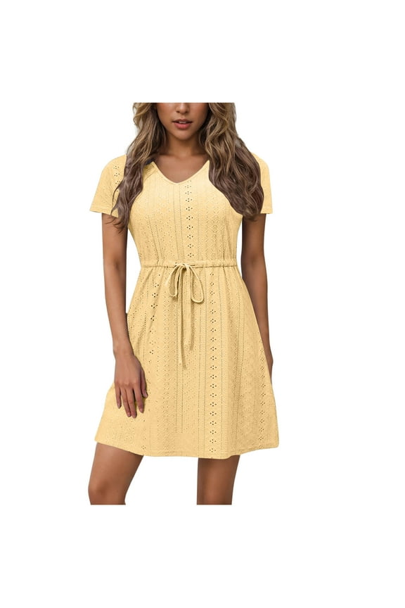 Fashion Women's Eyelet Sun Dresses Swimsuit Cover Ups V-Neck Drawstring Slit Eyelet Embroidery Bikini Beachwear Flowy Short Sleeve Beach Dress Beige S