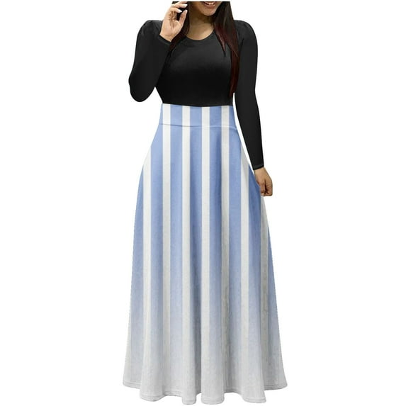 SMihono Deals Women's Fashion Shirts Dresses Classic 1950S Comfy Striped Graphic Dress Trendy Long Sleeve Cute Tunic Dresses for Party Light Blue 8