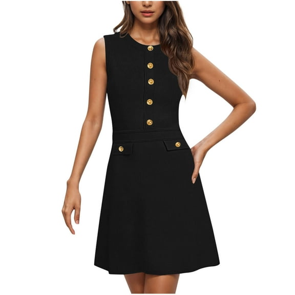 SMihono Fashion Women's Formal Work Mini Dress Casual Summer Crew Neck Sleeveless Elegant Button Bussiness Office Outfits Black L