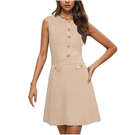 SMihono Deals Women's Formal Work Mini Dress Casual Summer Crew Neck Sleeveless Elegant Button Bussiness Office Outfits Khaki M