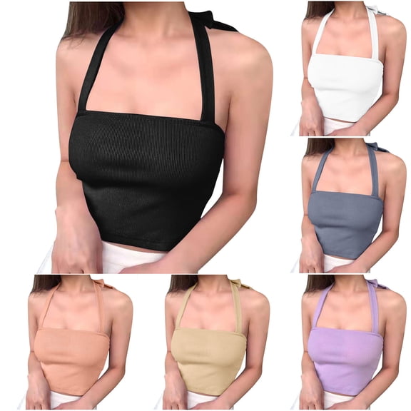 SMihono Fashion Women's Halter Going Out Tops 2025 Summer Y2K Shirts Sleeveless Sexy Crop Tank Top Y2k Outfits Workout Crop Tank Top Camisole Beige Free Size