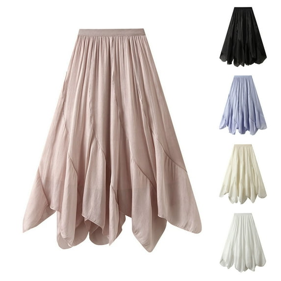 SMihono Fashion Women's High Waisted Skirts A-Line Swing Asymmetrical Hem Mini Skater Skirt Casual Loose Mid Long Skirt Black 4