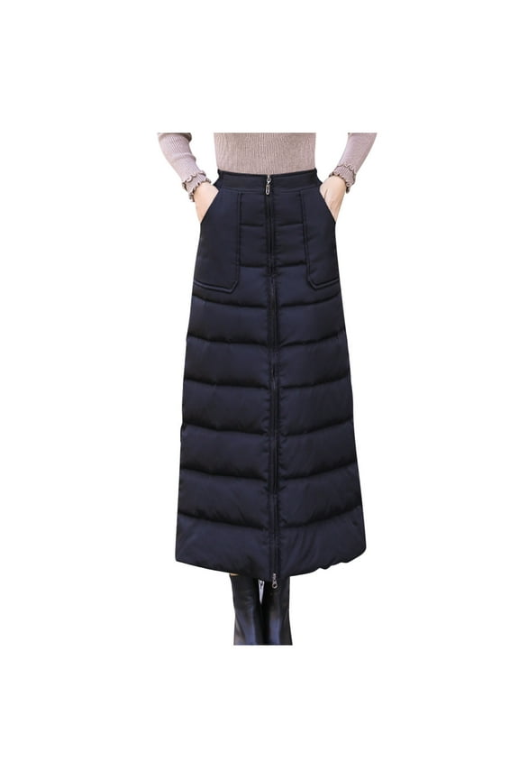 Fashion Women's Long Quilted Puffer Skirt, Insulated Full Zipper Outdoor Warm Winter Snow Skirts with Pockets Black XXXL