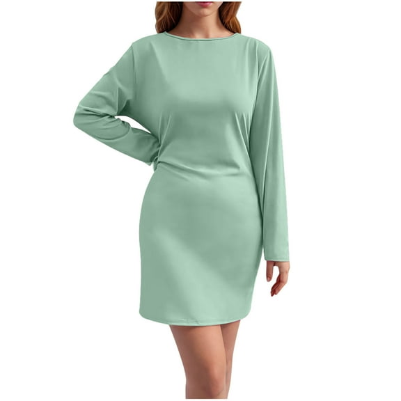 SMihono Fashion Women's Long Sleeve Boat Neck Mini Dress 2025 Spring Dress Slim Fit Party Club Bodycon Dresses Mid Calf Dress Formal Dresses Green 8