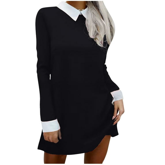 SMihono Fashion Women's Long Sleeve Lapel Dress Colorblock Button Back Dress Spring Fall Loose Dress Fashion Casual Outdoor Dresses Black 18