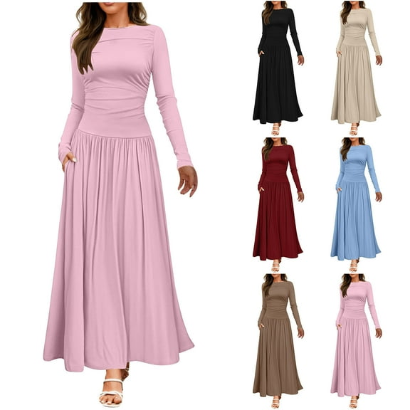 SMihono Fashion Women's Long Sleeve Maxi Dress 2025 Spring Crewneck Knit Casual Slim Swing Pleated Dresses with Pockets Beige 12