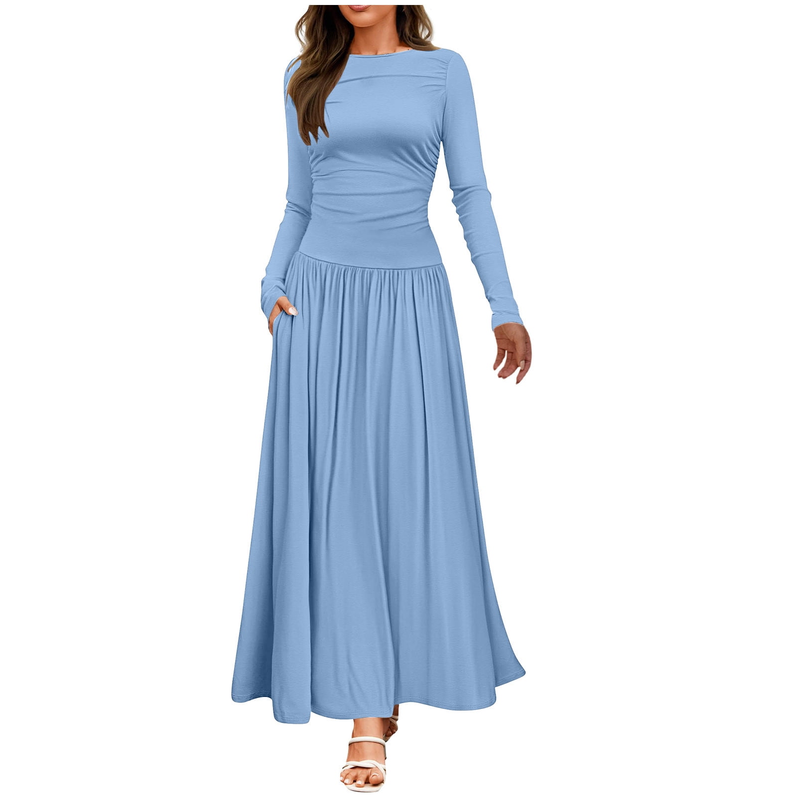 Deals Women's Long Sleeve Maxi Dress 2025 Spring Crewneck Knit Casual Slim Swing Pleated Dresses with Pockets Light Blue 8