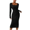 thumbnail image 1 of SMihono Fashion Women's Long Sleeve Sweater Dress Slim Fit Solid Dresses Square Neck Bodycon Ribbed Knit 2025 Spring Casual Dresses for Women Black 8, 1 of 9