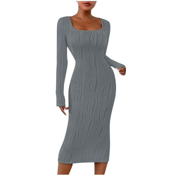 SMihono Fashion Women's Long Sleeve Sweater Dress Slim Fit Solid Dresses Square Neck Bodycon Ribbed Knit 2025 Spring Casual Dresses for Women Gray 10