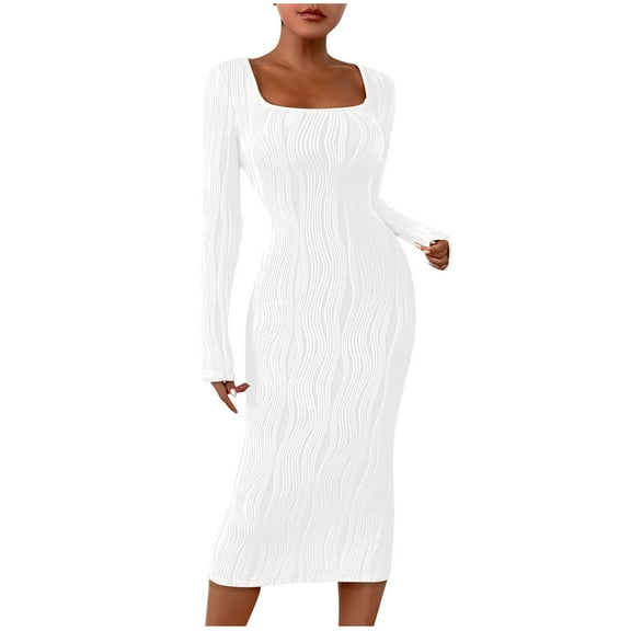 SMihono Fashion Women's Long Sleeve Sweater Dress Slim Fit Solid Dresses Square Neck Bodycon Ribbed Knit 2025 Spring Casual Dresses for Women White 8