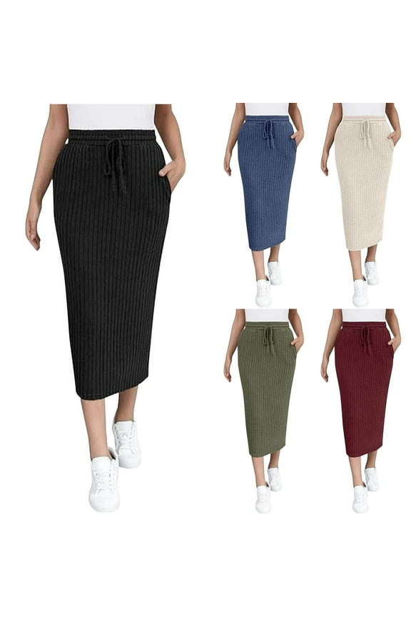 Fashion Women's Midi Skirt Fall Elastic High Waisted Casual Stretchy Skirts with Pockets Ribbed Knit Bodycon Pencil Skirts Army Green 12-14