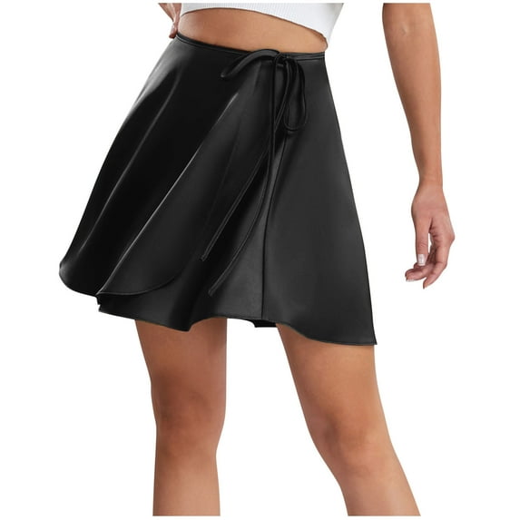 SMihono Fashion Women's Mini Skirts Lace Up High Waisted Wrap Short Skirt A-Line Swing Skirt for Teen Girls Party Clubwear Black 6