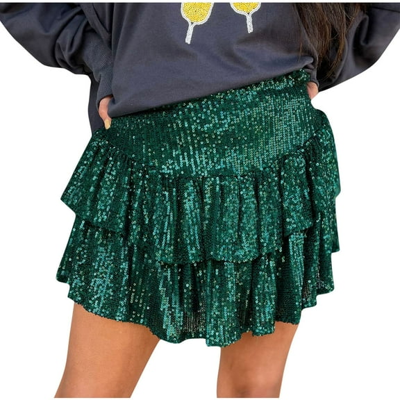 SMihono Fashion Women's Mini Skirts with Shorts Cute High Waist Sequin Ruffle Flowy Glitter Short Skirts Night Out Club Party Green 10