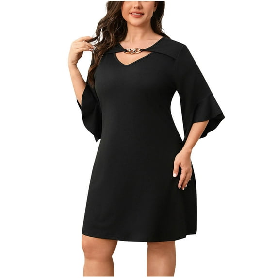 SMihono Fashion Women's Plus Size Solid Color Bell Sleeves Metal Chain A Line Midi Dress Fall Fashion Tunic Short Dress Black XL