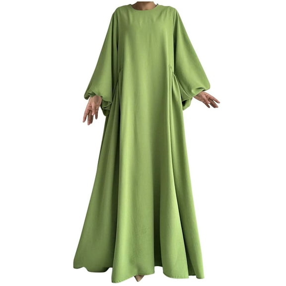 SMihono Fashion Women's Puff Long Sleeve Flowy Maxi Dress, Solid Color Crewneck Ruched Casual Dresses Loose Fit Comfy Trendy Clothes Green XL