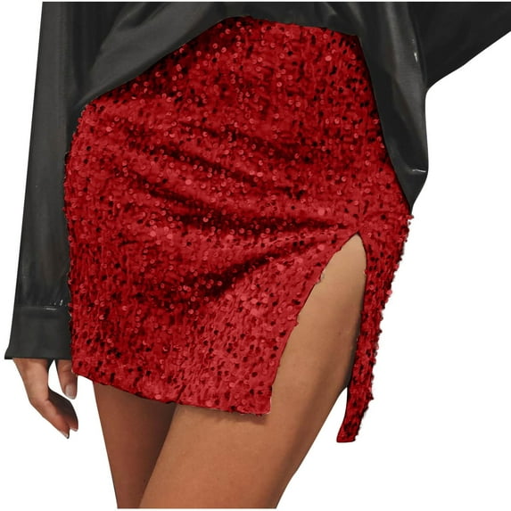 SMihono Fashion Women's Sequin Skirt Sparkle Stretchy Mini Bodycon Skirt Side Slit Shiny Night Out Club Skirt for Women Red 8-10