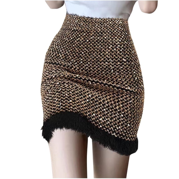 SMihono Fashion Women's Sexy Sequin Skirt Sparkle Stretchy Bodycon Mini Skirts Trendy Night Out Party Shiny Furry Faux Fur Trim Skirt Gold Free Size