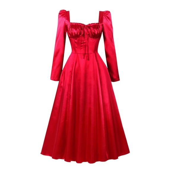 SMihono Fashion Women's Spring Satin Dress Women Bustier Corset Dress Long Puff Sleeve Sweetheart Neck Maxi Dress Cocktail Party Dress Red 4
