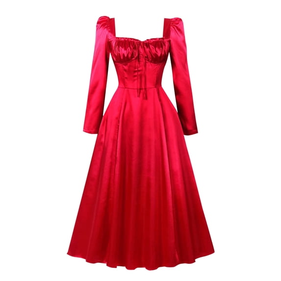 SMihono Fashion Women's Spring Satin Dress Women Bustier Corset Dress Long Puff Sleeve Sweetheart Neck Maxi Dress Cocktail Party Dress Red 8