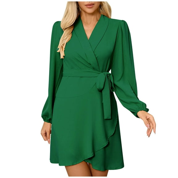 SMihono Fashion Women's Spring Winter Dress Solid Color Elegant Temperament Dress Long Sleeve Evening Dresses Lapel Hem Wrap Dress Green 6