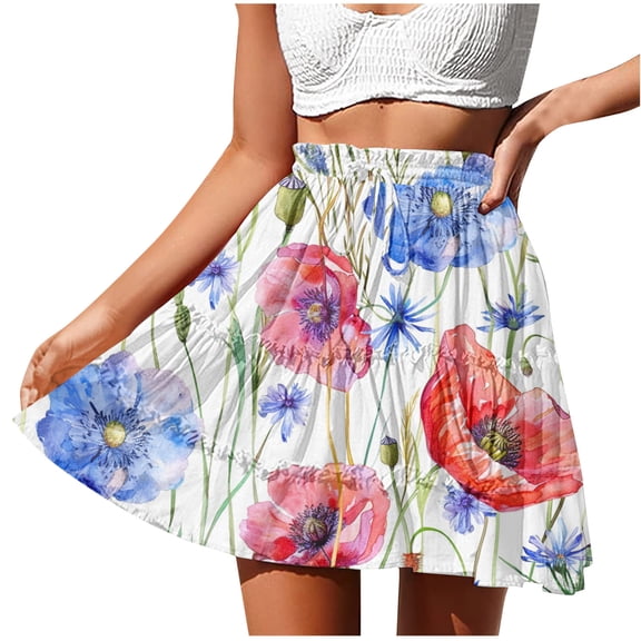 SMihono Fashion Women's Summer Boho Floral Print Mini Skirt Casual High Waist Drawstring Y2k Tiered Skirts Cute Beach Flowy Skirts Red 8