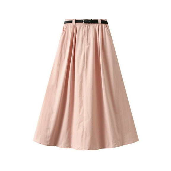 SMihono Fashion Women's Summer Cotton and Half Skirt High Waisted Slimming Mid Length A Line Loose Elastic Belt Skirt Fashion Pink Free Size