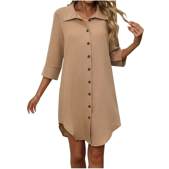 SMihono Fashion Women's Summer Short Sleeve Turndown Collar Dress Casual Button Down Slim Fit Business Office Dresses 2025 Basic Shirt Dress Brown S