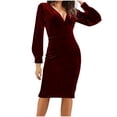 thumbnail image 1 of SMihono Fashion Women's V Neck Velvet Wedding Guest Dress, Elegant Long Sleeve Bodycon Formal Cocktail Party Pencil Dresses Wine 12, 1 of 6