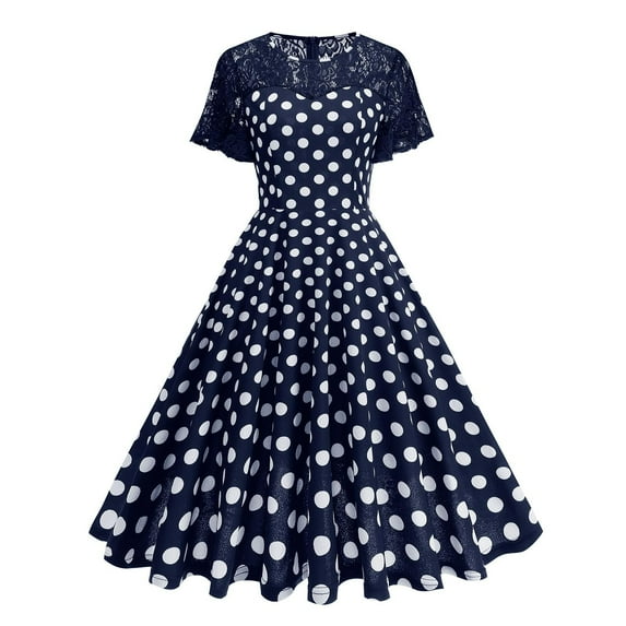 SMihono Fashion Women's Vintage Polka Point Cocktail Dress Trendy Hepburn Style Lace Short Sleeve Pleated A-Line Party Swing Dresses Navy L