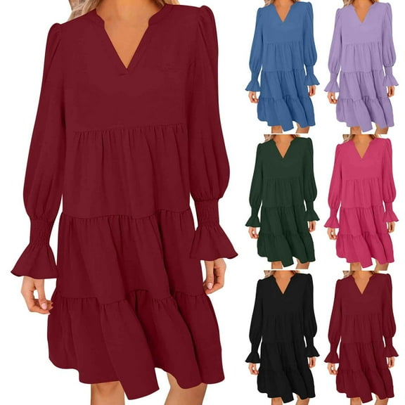 SMihono Fashion Womens Casual Flared Long Sleeve Dress V Neck Smocked Flowy A Line Dresses Loose Fit Solid Ruffle Tiered Swing Dress Army Green 8