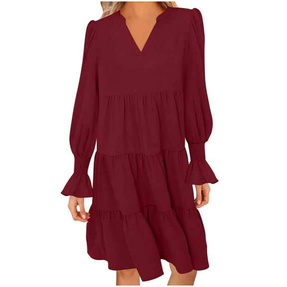 SMihono Fashion Womens Casual Flared Long Sleeve Dress V Neck Smocked Flowy A Line Dresses Loose Fit Solid Ruffle Tiered Swing Dress Wine 4
