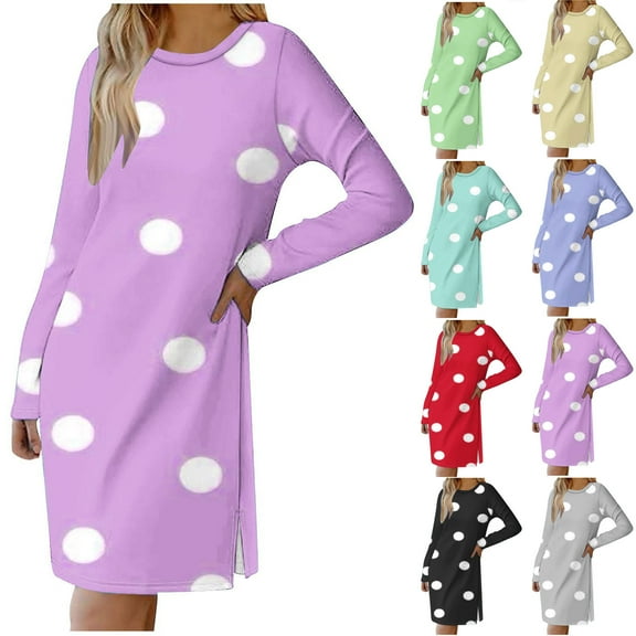 SMihono Fashion Womens Casual Long Sleeve Dress Fashion Dot Print Side Split Comfy Midi Dress Dressy Crewneck Spring Tunic Dress Tops Black 4