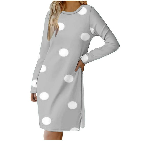 SMihono Fashion Womens Casual Long Sleeve Dress Fashion Dot Print Side Split Comfy Midi Dress Dressy Crewneck Spring Tunic Dress Tops Gray 6