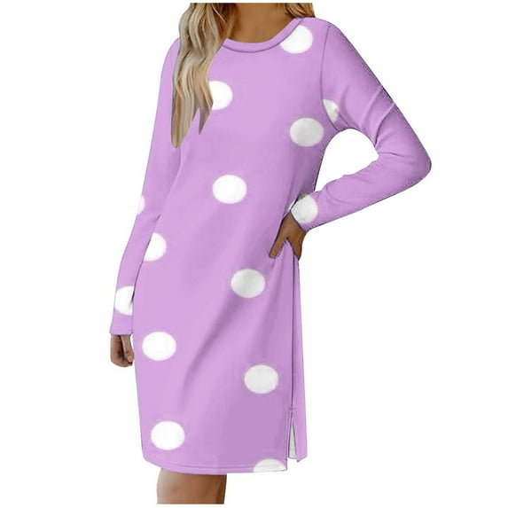 SMihono Fashion Womens Casual Long Sleeve Dress Fashion Dot Print Side Split Comfy Midi Dress Dressy Crewneck Spring Tunic Dress Tops Purple 6