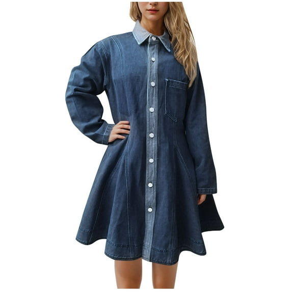 SMihono Fashion Womens Deinm Dress Long Sleeve Button Down Babydoll Denim Shirts Dress Casual Loose Ruffle Hem Tunic Tops Mini Dress Navy 6