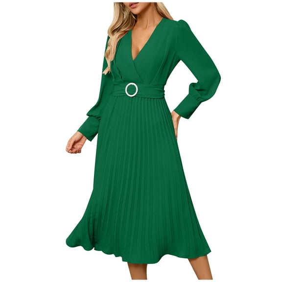 SMihono Fashion Womens Elegant Dresses Trendy Long Sleeve Wrap V Neck Maxi Dresses Flowy Pleated Dresses Formal Cocktail Dresses with Belt Green 8