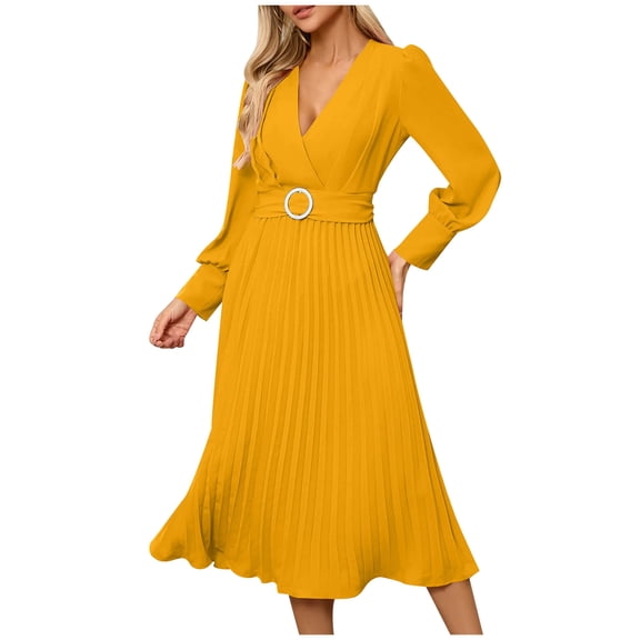 SMihono Fashion Womens Elegant Dresses Trendy Long Sleeve Wrap V Neck Maxi Dresses Flowy Pleated Dresses Formal Cocktail Dresses with Belt Yellow 8