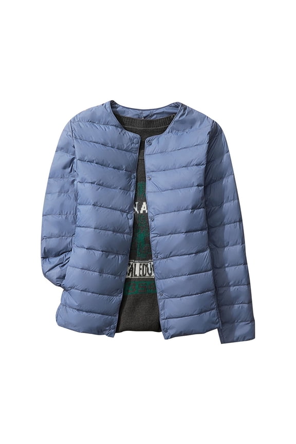 Fashion Womens Hoodless Casual Outwear Jackets Warm Fleece Women's Puffer Jacket Long Sleeve Buttons Quilted Lightweight Down Coat Tops Winter With Pockets Blue 14