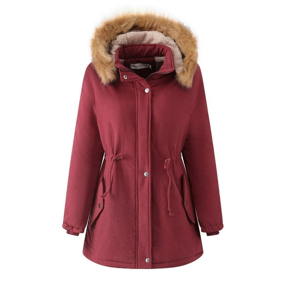 SMihono Deals Womens Long Sleeve Hooded Casual Outwear Coats Women's Thickened Lamb Plush Cotton Jacket Women's Loose Fitting Women's Cotton Jacket Detachable Hat Plush Jacket Red 12