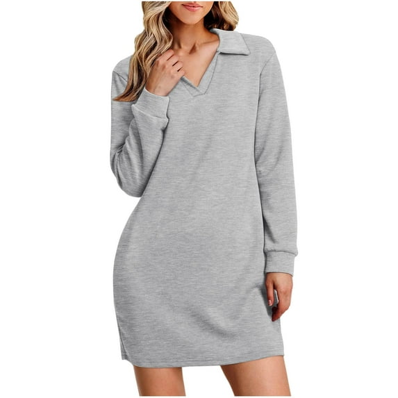 SMihono Fashion Womens Long Sleeve Lapel Collared V Neck Sweatshirt Dress Loose Fit Solid Color Mini Dresses Fashion Spring 2025 Gray 12