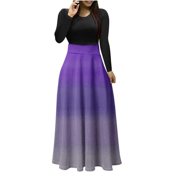 SMihono Fashion Womens Long Sleeve Maxi Dress 2025 Spring Casual Crewneck Tunic Dresses Elegant High Waist Elastic Gradient Cocktail Party Gown Purple 4