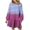 thumbnail image 1 of SMihono Deals Womens Long Sleeve Spring Dresses 2025 Striped Crewneck Casual Dress Loose Fit Shift Dress Ruffle Hem Short Dress Hot Pink 10, 1 of 6